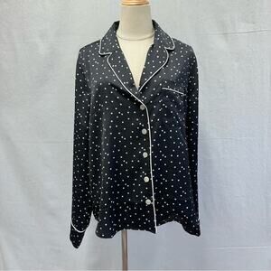 J. Crew black polka dot‎ satin pajama style blouse button up top size Large